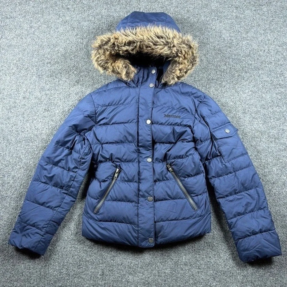 Marmot Puffer Jacket Girls Size S Navy Blue 700 Fill Down Faux Fur Hood